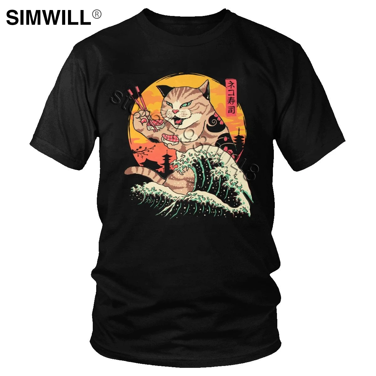 Футболка мужская с японским котом крутая хлопковая рубашка в стиле Харадзюку