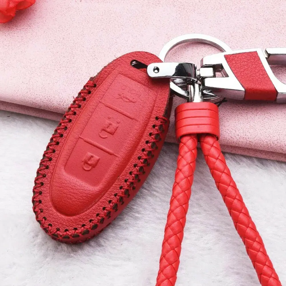

Red Leather Car Key Fob Case Cover Holder for Nissan Remote Shell with Keychains