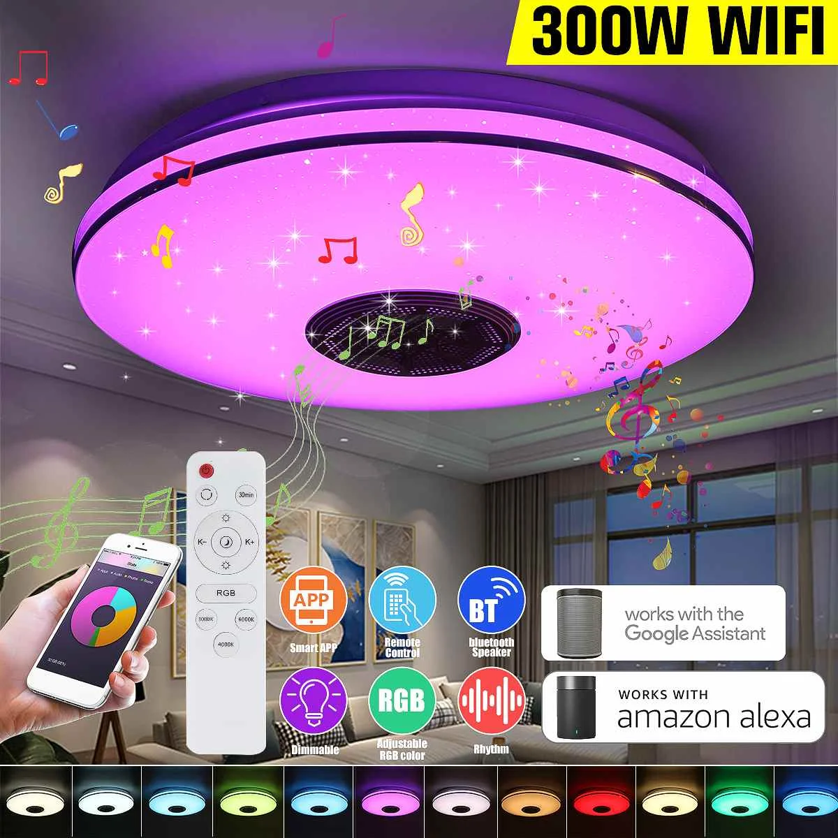 

300W WiFi RGB Dimmable LED Ceiling Lights Home Lighting APP bluetooth Speaker Music Light Smart Ceiling Lamp With Remote Control