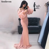 smileven coral lace mermaid evening gown long puff sleeve arab prom dresses off the shoulder evening party gowns robe de soire