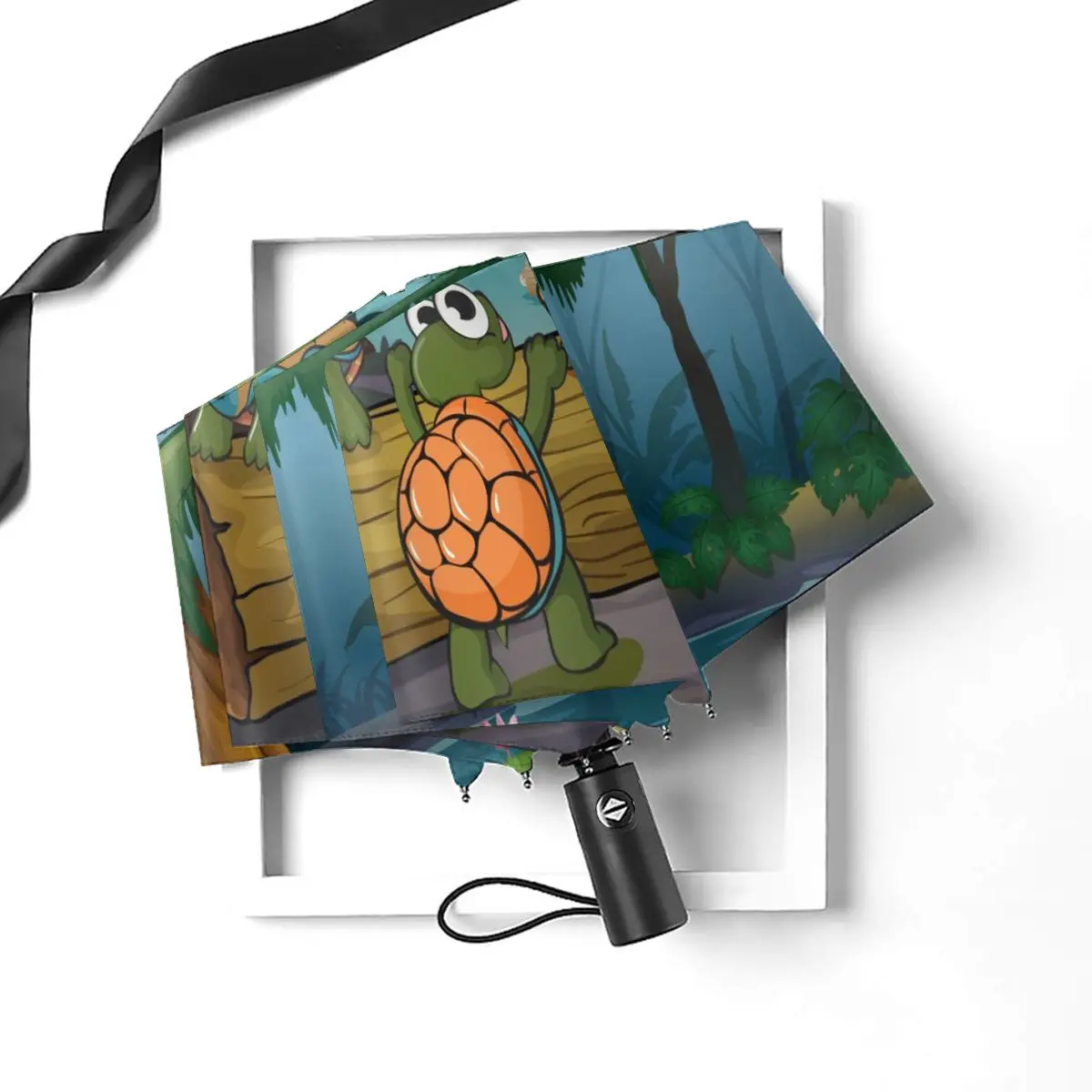 Online Ombrello Automatico Pioggia Donna Ombrello A Tre Pieghe Una Foresta Con Tartarughe E Pesci Nello Stagno Ombrellone Impermeabile Antivento