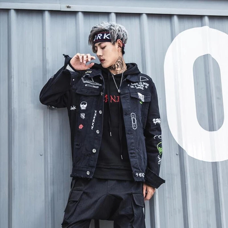 Модная Джинсовая куртка в стиле хип хоп с принтом мужская хлопковая Повседневная