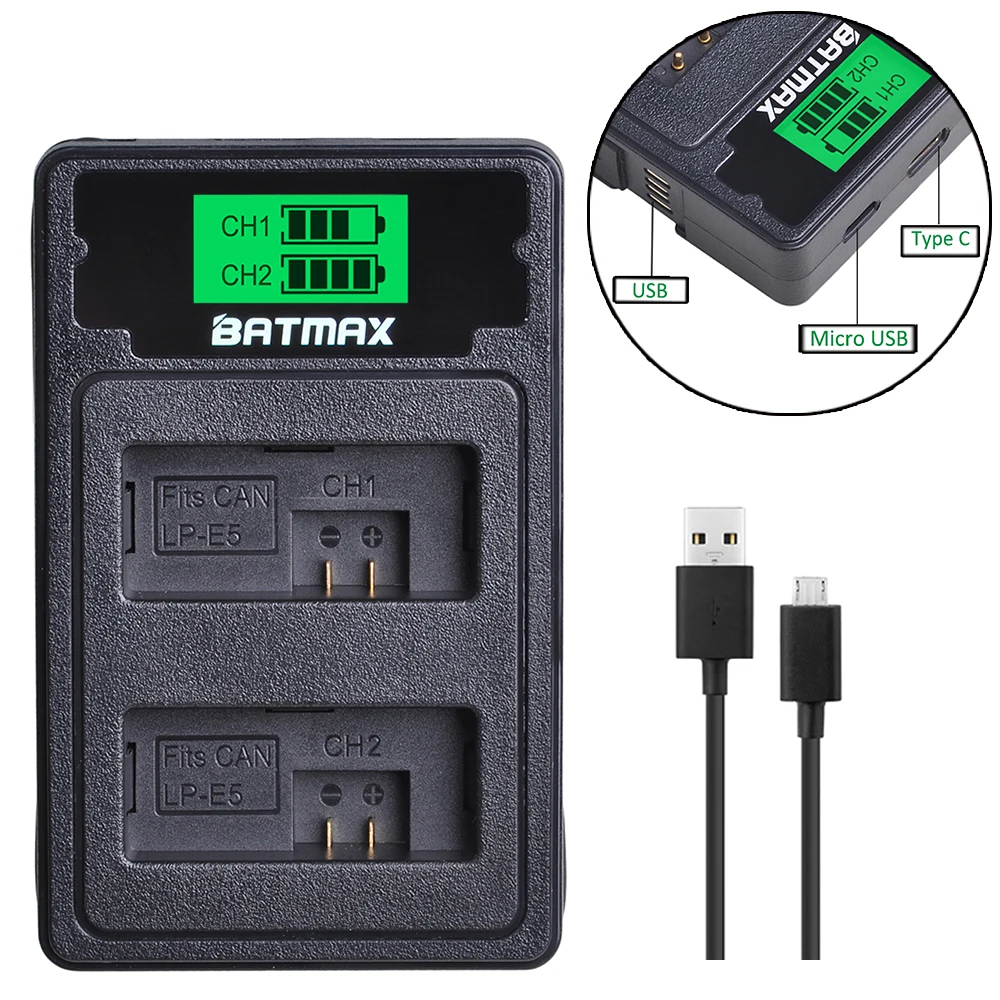 Аккумулятор Batmax для камеры двойное зарядное устройство с ЖК экраном и портом Type C