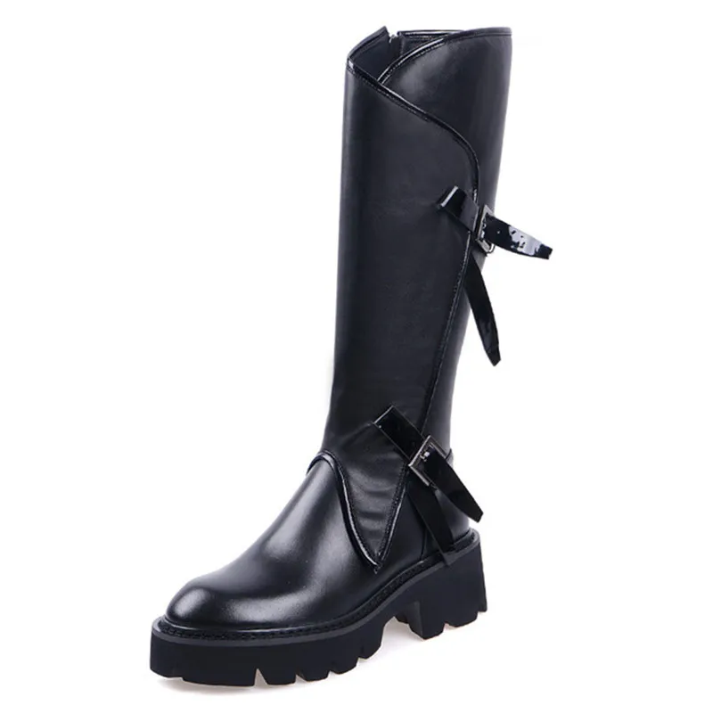 

Top quality women long boots knee high white cowhide genuine leather platform punk riding nightclub dancing shoes metal buckle