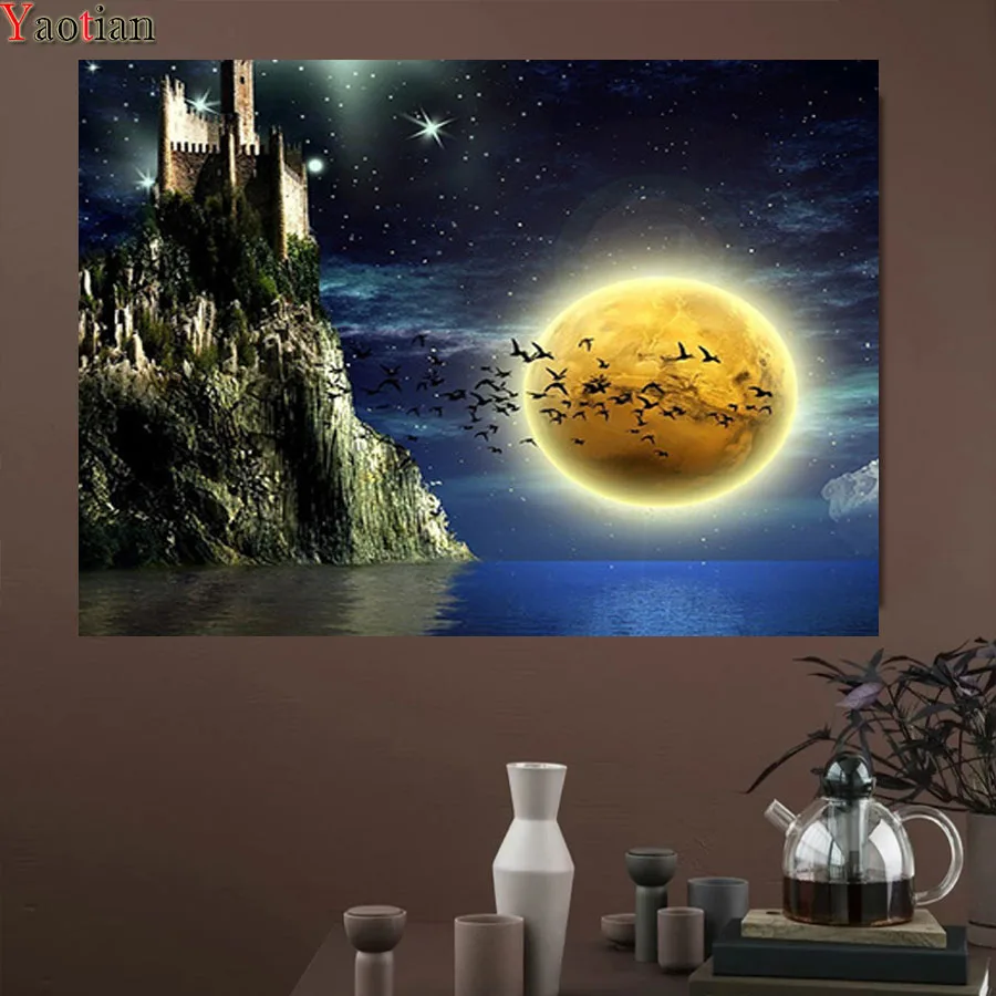 

Лунный замок камни в форме ромба 5D DIY алмазная живопись ночное вышивка вышивания крестиком работа иголкой мозаичная картина, выполненная в ...