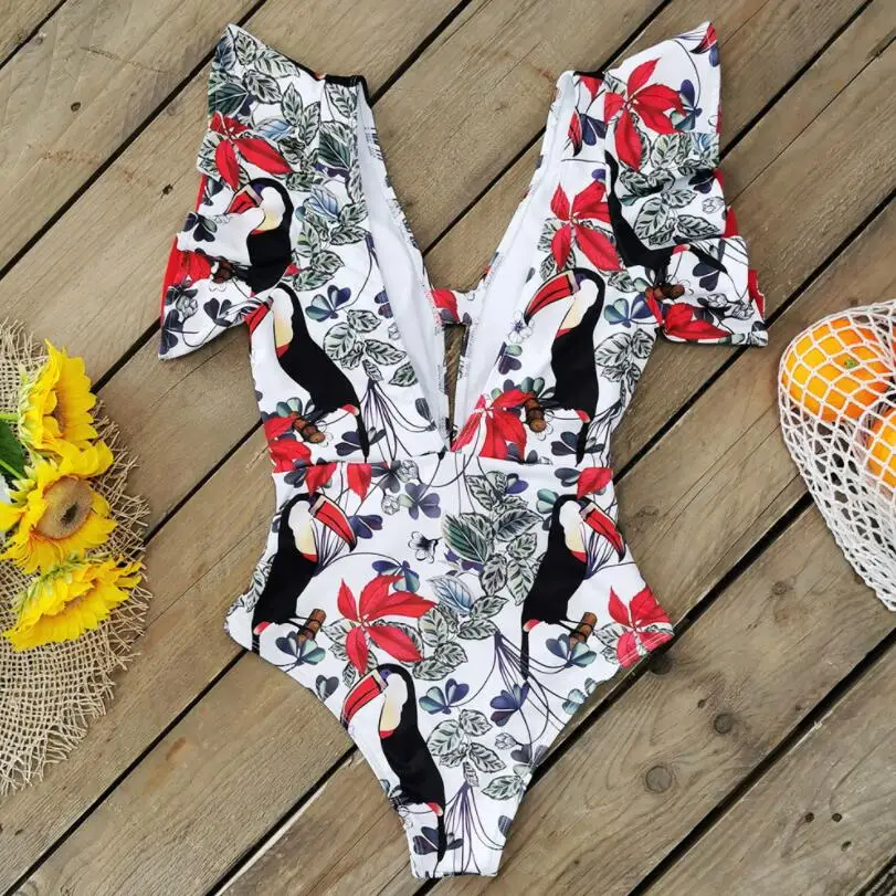 

One Piece Swimsuit 2021 Print Swimwear Women V-Neck Belt Monokini Sexy Ruffle Bathing Suits Push Up String Beach Wear w478