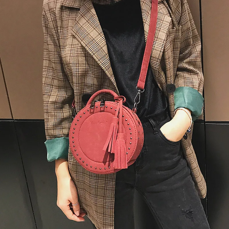 

Hot Sale Vintage Scrub Leather Crossbody Shoulder Bag for Women Round Fashion Tassel Messenger Bag Female Casual Tote Bags Sac