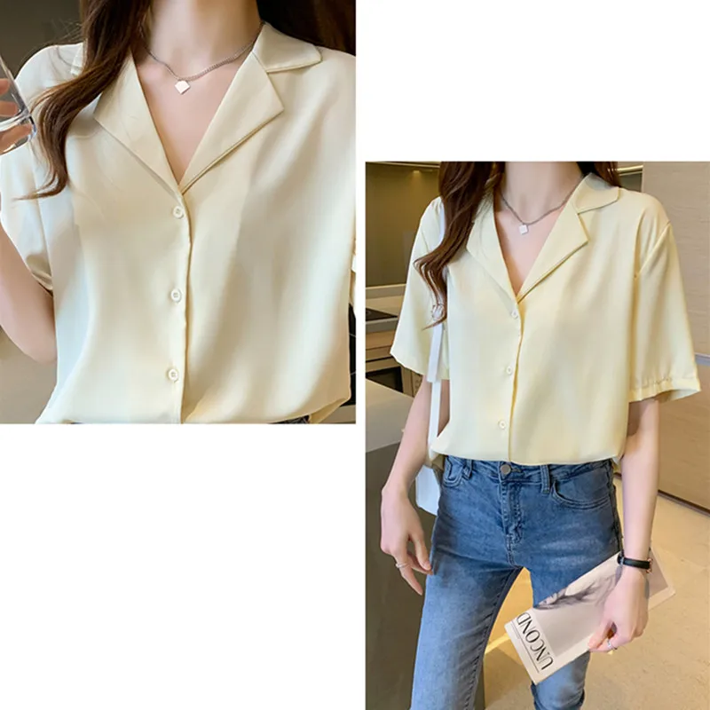 

Fashion Women's Shirt Solid Blouse for Women Short Sleeve Button Shirt White Polo Neck Blouse Top Female 2021 Woman Basic Shirts