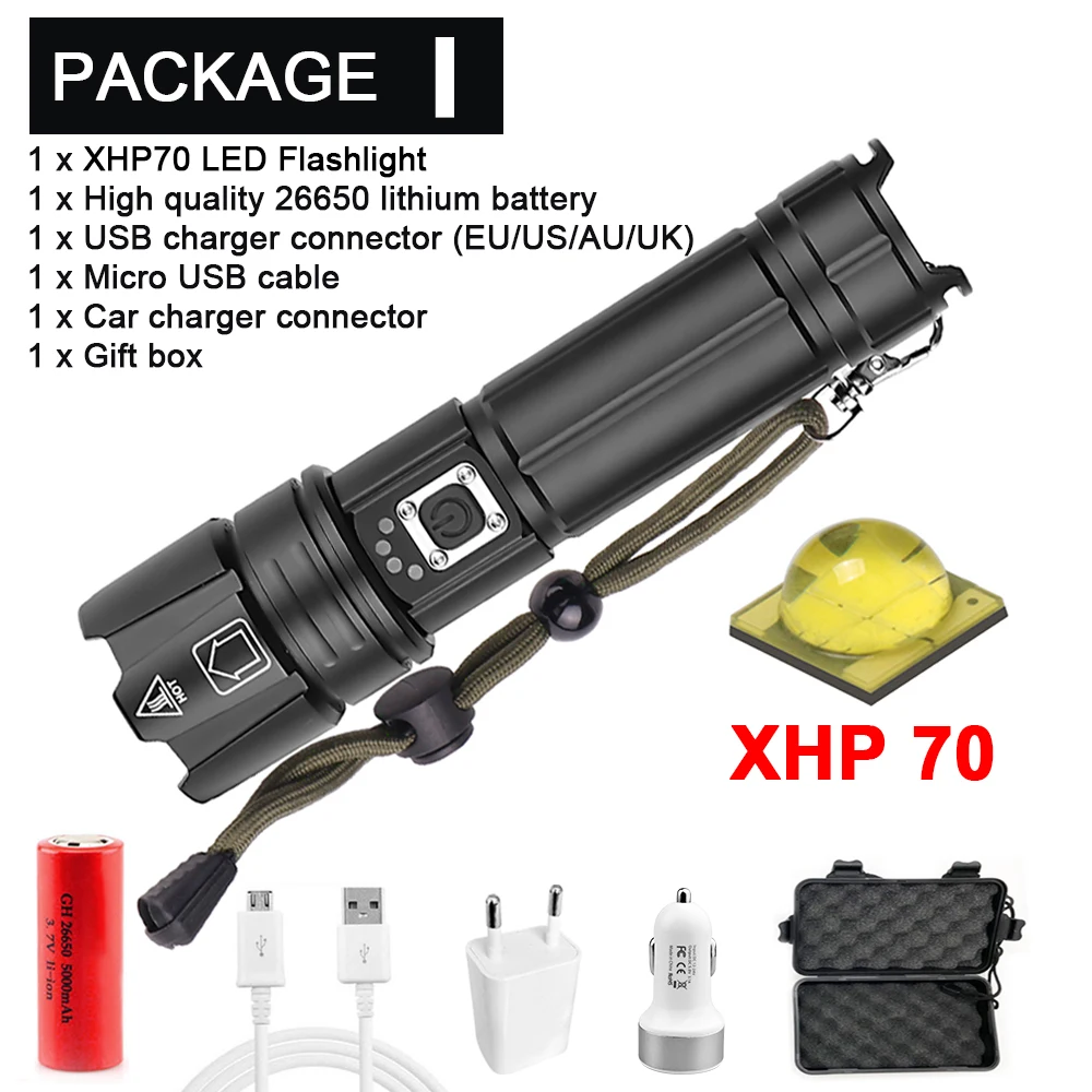 Портативный Ультра высокая яркость XHP70 светодиодный светильник 18650 XHP50 флэш-светильник USB Перезаряжаемый Тактический светильник 26650 фонарь с зумом - Испускаемый цвет: Package I- XHP70