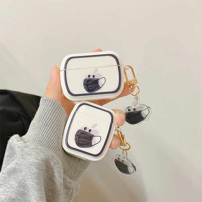 

Cute Blue Black Facial Mask Pattern Keychain Case For Apple Airpods 2 1 Pro Protection Box Shockproof Soft Silicone Square Cover