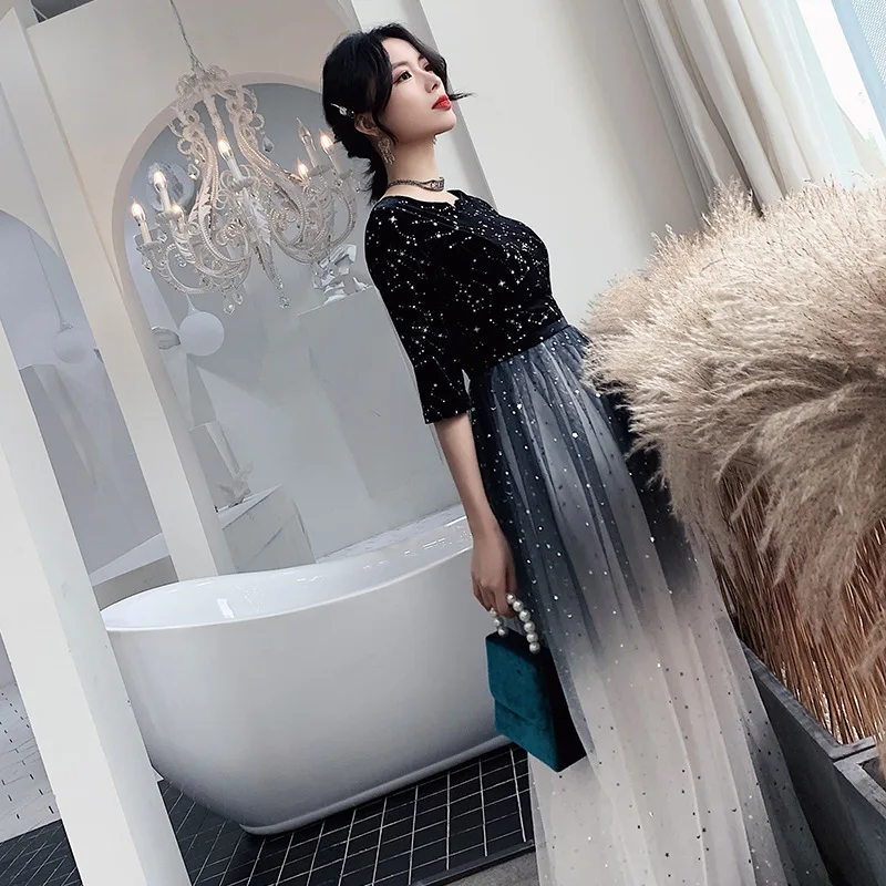 

Вечернее платье для женщин, градиентные черные блестящие вечерние платья с v-образным вырезом, Формальные платья с рукавами Hafl robe de soiree