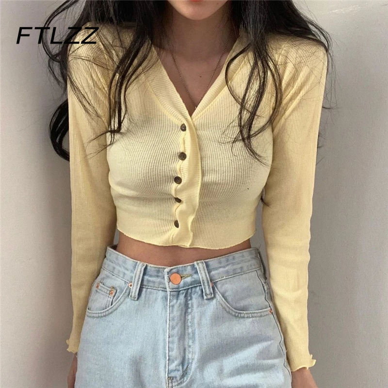 

Spring Summer Crop Sweater Women Long Sleeve Sexy V-neck Button Up Short Cardigan Woman Streetwear Fashion Tops