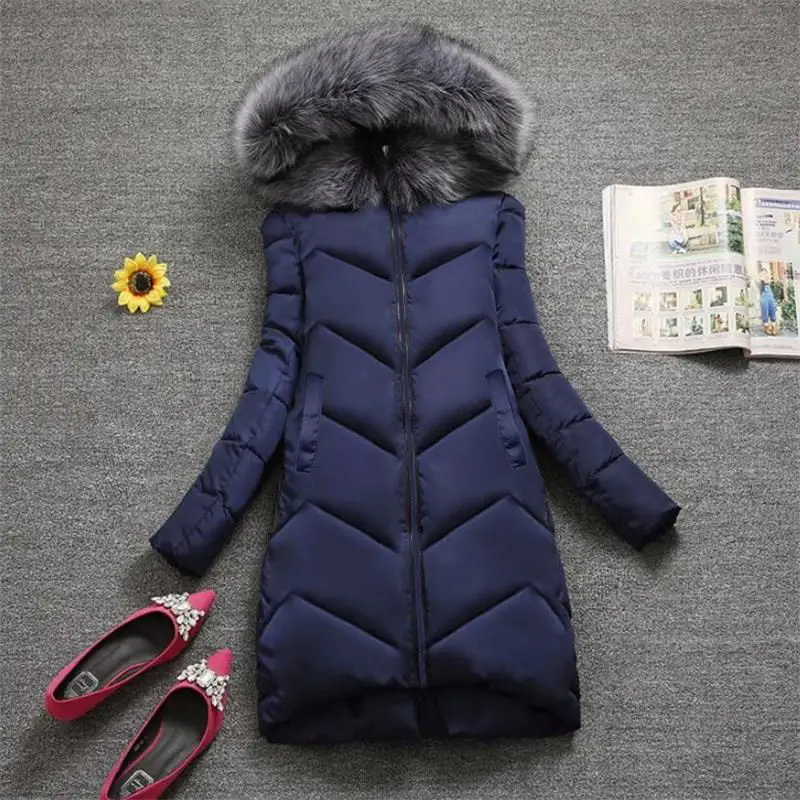 dark blue Акция Цена! Большой Мех Новая модная зимняя куртка женские пуховики женские большие размеры 7XL зимнее пальто женская теплая верхняя одежда - Цвет: dark blue