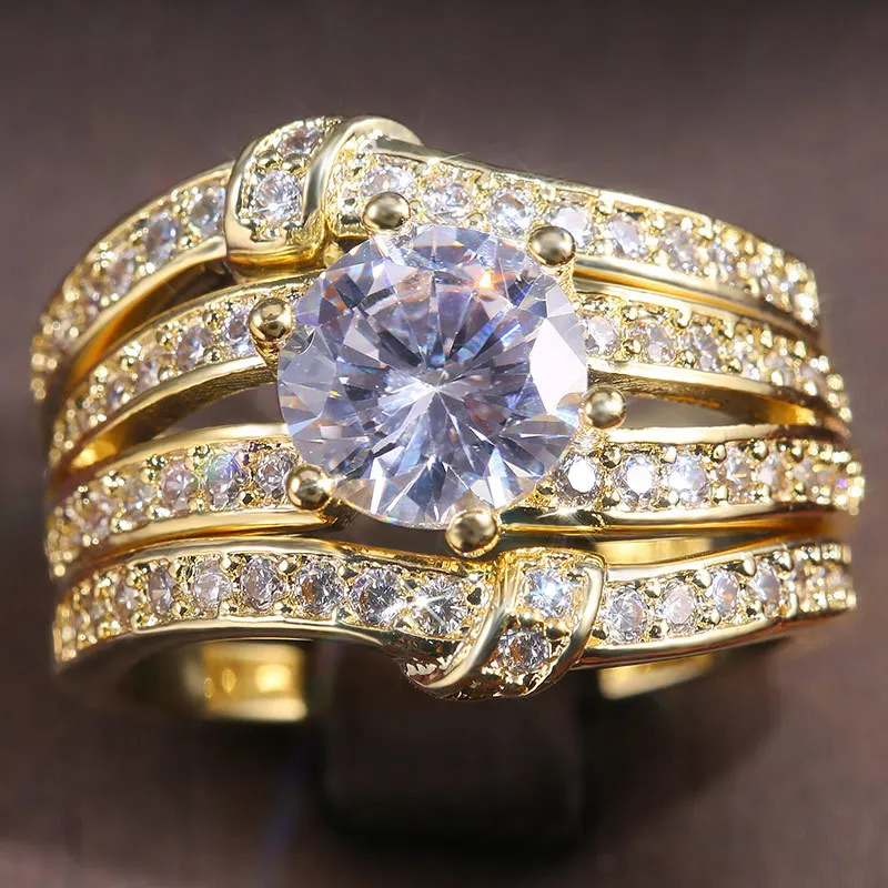 

Luxury Female Round Crystal Stone Ring Set Charm Gold Color Big Wedding Rings For Women Trendy White Zircon Engagement Ring
