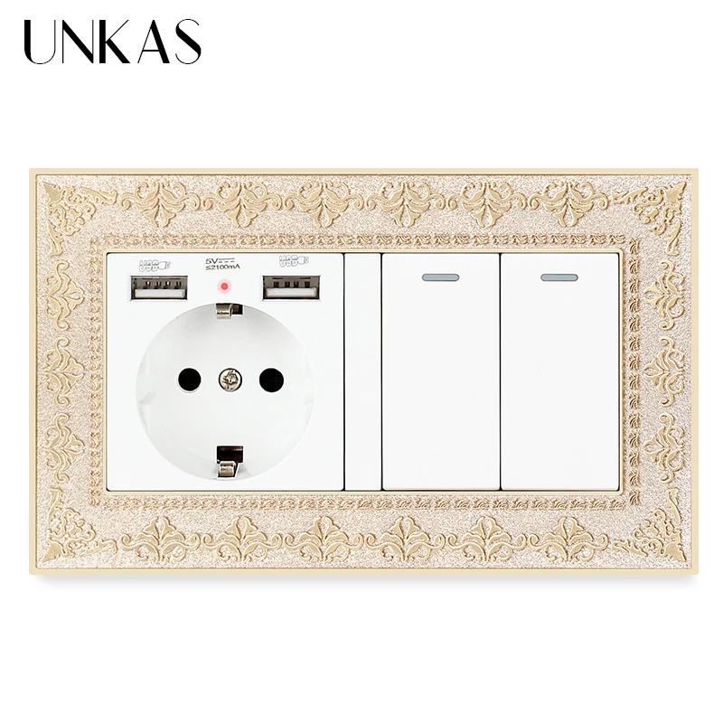 UNKAS 4D металлическая панель из цинкового сплава EU Socket двойной USB порт мягкий