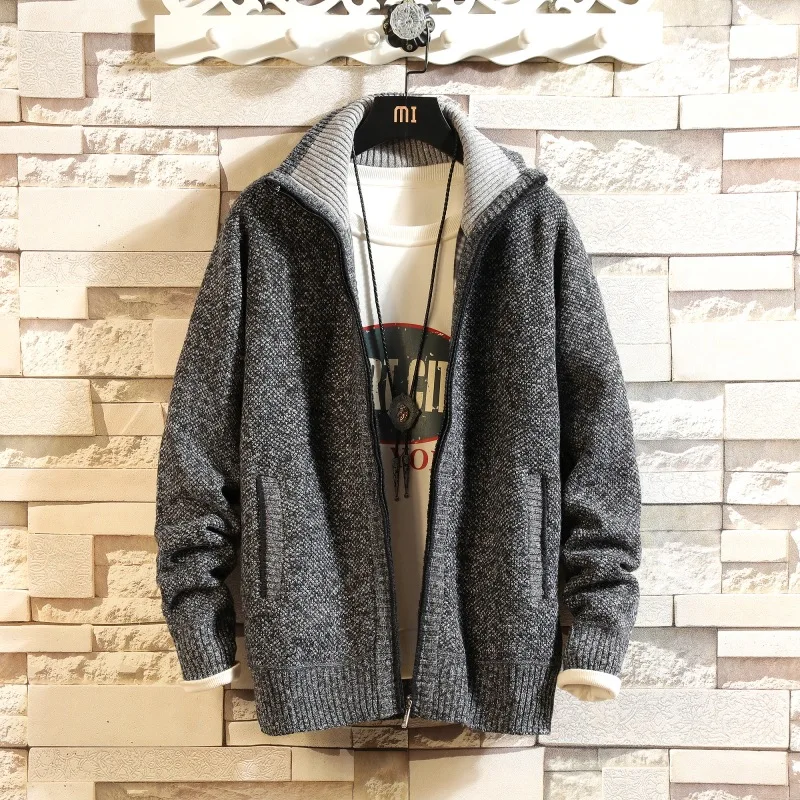 

2021 Autumn Winter New Plus Velvet Thickening Big Size Sweater Jacket Casual Stand-up Collar Simple Solid Men Tops Free Shipping