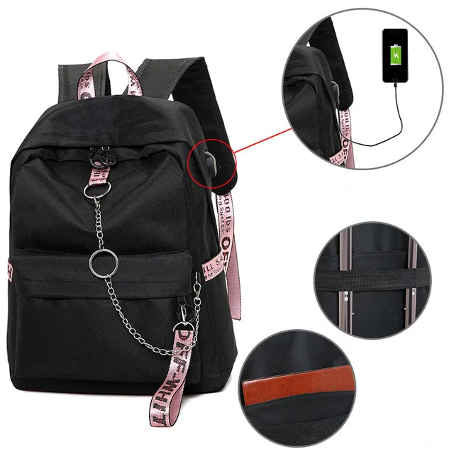 USB blackpink Winmax USB рюкзаки для ноутбука с цепочкой, водонепроницаемый рюкзак с защитой от кражи, большой объем, рюкзак для путешествий, школьная сумка для подростков, мальчиков и девочек, Mochila - Цвет: USB blackpink