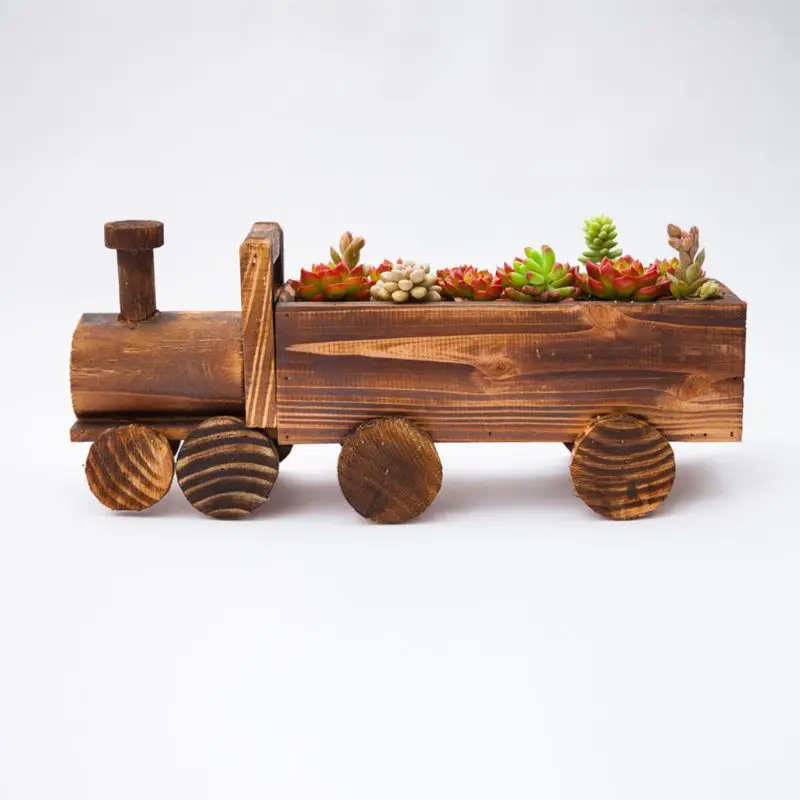 

J2HA Retro Wooden Train Flower Pot Succulent Plant Potted Bonsai Planter Home Garden Decoration