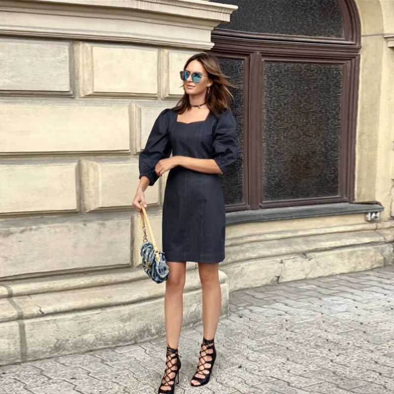 

Casual Square Collar Denim Mini Dress Woman Puff Sleeve High Waist Straight Dress 2021 New Spring