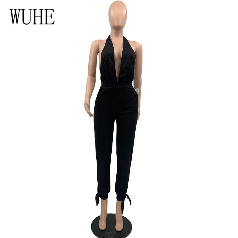 

WUHE Hollow Out Sexy Jumpsuits Deep V Neck Sleeveless Off Shoulder Package Hip Skinny Casual Fitness Sports Party Club Overalls