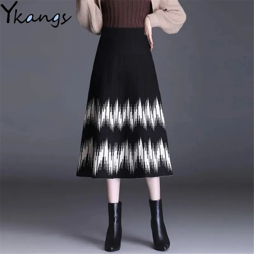 

Autumn Winter Jacquard Pattern Knitted Skirt Women Black Thick High Waist Umbrella Long Skirt Vintage Korean Midi A-Line Skirt