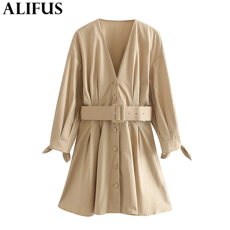 Мода Za 2019 женское однотонное офисное платье цвета хаки мини с бантиком рукавом и