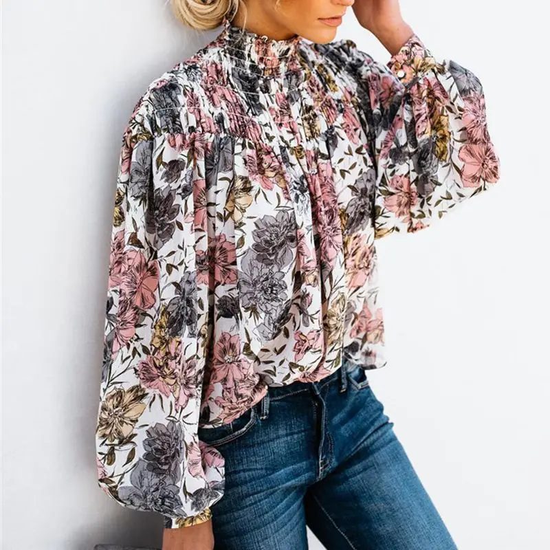 Женская блузка с оборками и цветочным принтом Повседневная Свободная рукавами