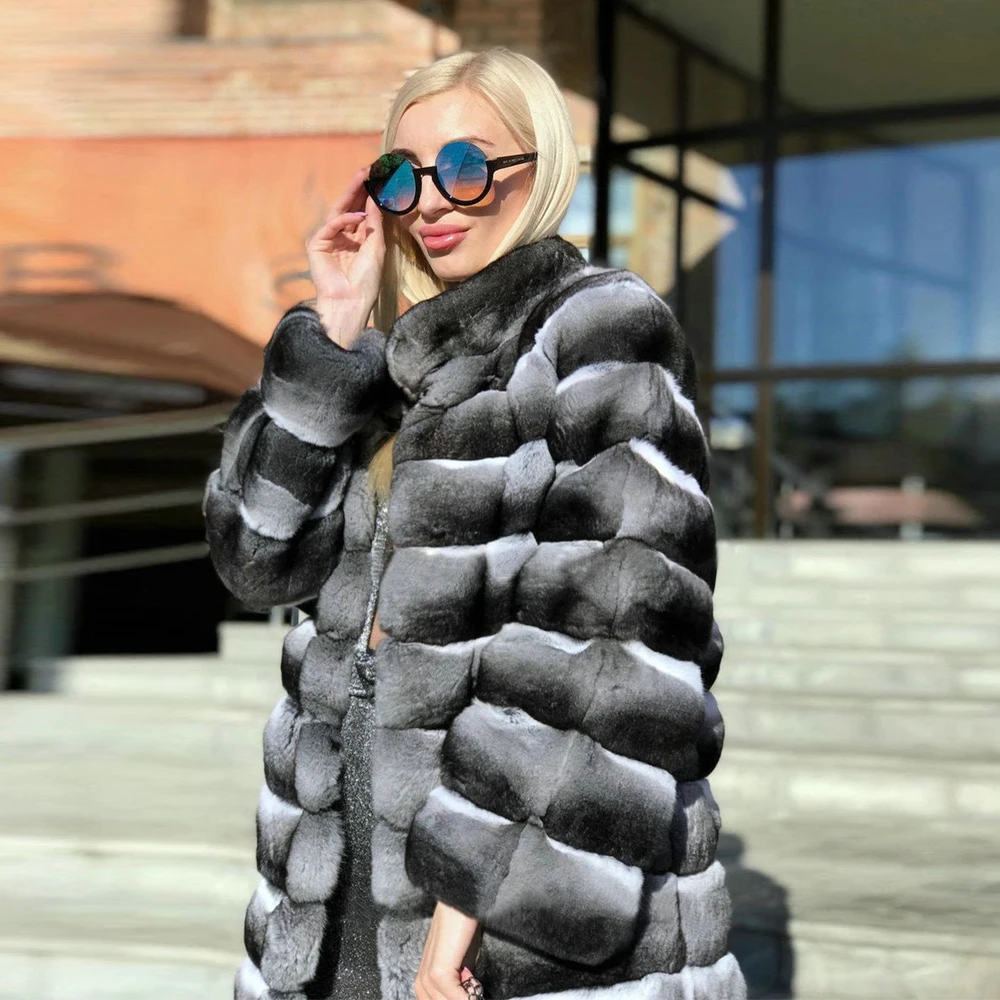Women Fashion Rex Rabbit Fur Coat Stand Collar 2021 Winter New Long Genuine Rex Rabbit Fur Coats Chinchilla Color Overcoat Woman enlarge