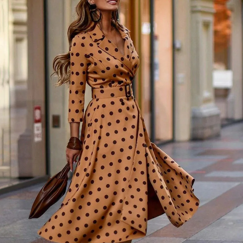 

Spring Autumn Casual Women Dot Print Dress Office Lady Turn Down Collar Long Sleeve Dress Slim Fit High Waist Outdoor Dress XXXL