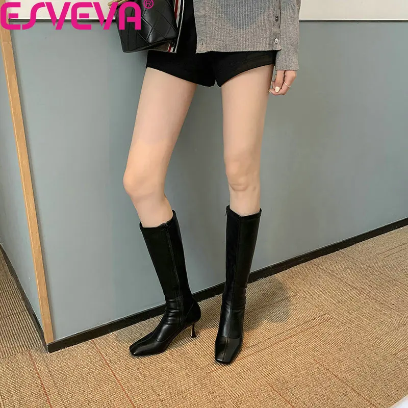 

ESVEVA 2022 Simple And Fashion Style Square Toe Knee High Boots Women Shoes Size 34-39