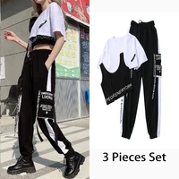2021 new 3 pieces set summer women casual cargo pants suit set streetwear outfit white harajuku short sleeve women trousers set