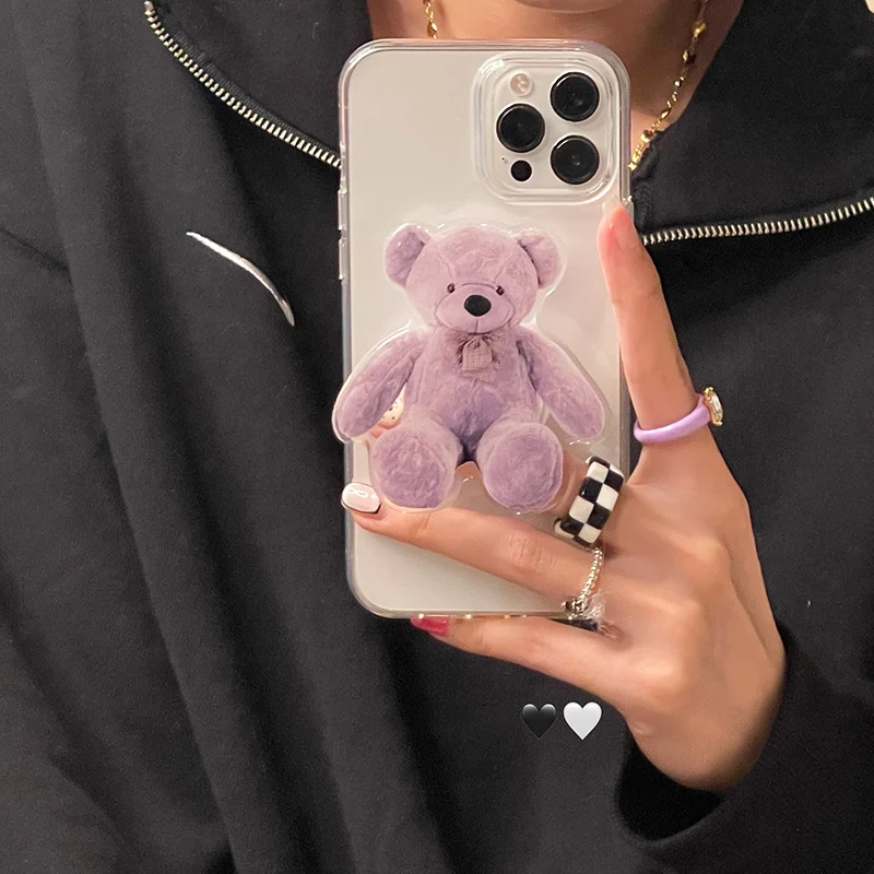 

Cute cartoon 3d Plush bear Ring stand Holder Clear tpu case for iphone 13 11 12 Pro Mini 12ProMax X XR XSMax 7 8Plus SE cover