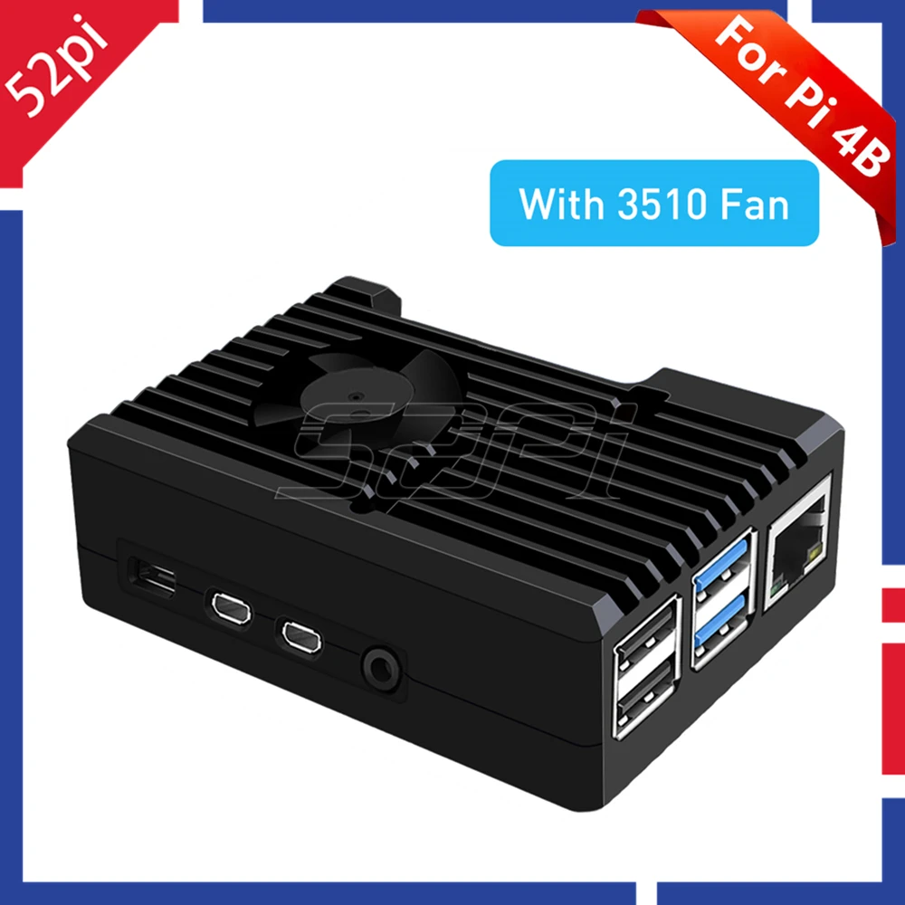 

52Pi New Black Aluminum CNC Alloy Case Enclosure Shell Cover with 3510 2510 dual Cooling Fan for Raspberry Pi 4B