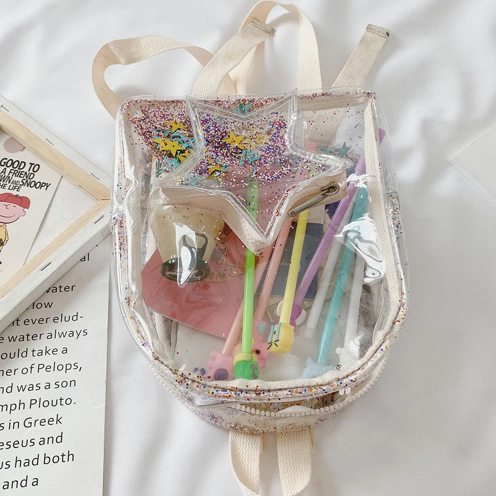 

Cute Glitter Stars Shoulder School Bag Kids Transparent PVC Travel Backpack for Kids Girls Presents