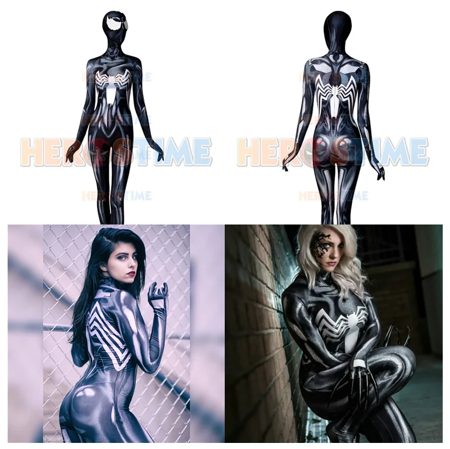 3D Print Female Black Venom Cosplay Costume Woman Girls Halloween Party  Adult Kids Superhero Zentai Bodysuit