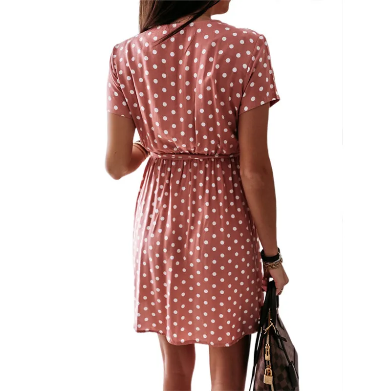 Платье женское в горошек повседневное пляжное мини-платье стиле бохо с V-образным