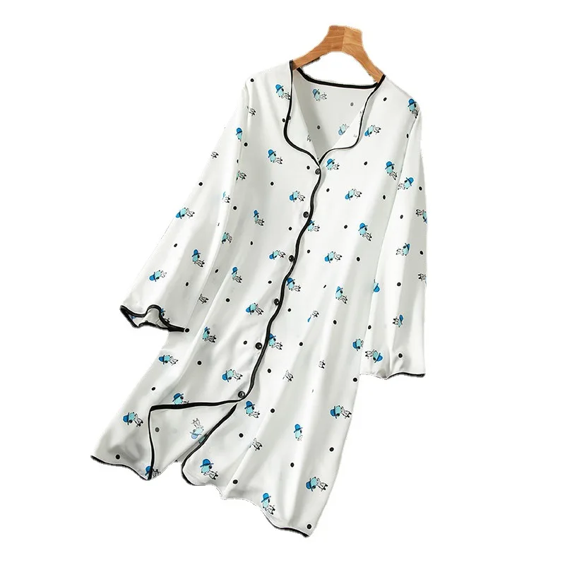 

Summer New Satin Home Dressing Gown Sexy Print Women Nightgown Long Sleeve Intimate Lingerie Short Button-down Nightdress
