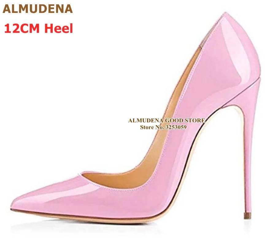 pink 12cm heel ALMUDENA/брендовые туфли-лодочки на шпильке 12, 10, 8 см модельные туфли из лакированной кожи дизайнерские свадебные туфли с острым носком на тонком каблуке размер 45 - Цвет: pink 12cm heel