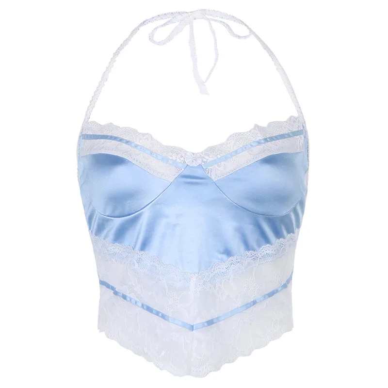 

Blue Crop Top With Lace Y2k Camisole Sexy Women Summer Patchwork Sleeveless Camis Tops V Neck Hollow Out Vest Streetwear