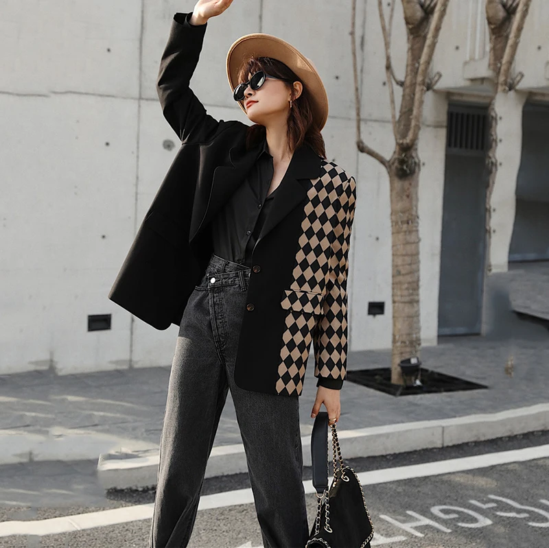 

SONDR High Quality Simplicity Women Vintage Stitching Blazer Lapel Long Sleeve Jacket Fashion Tide Spring Autumn 2020