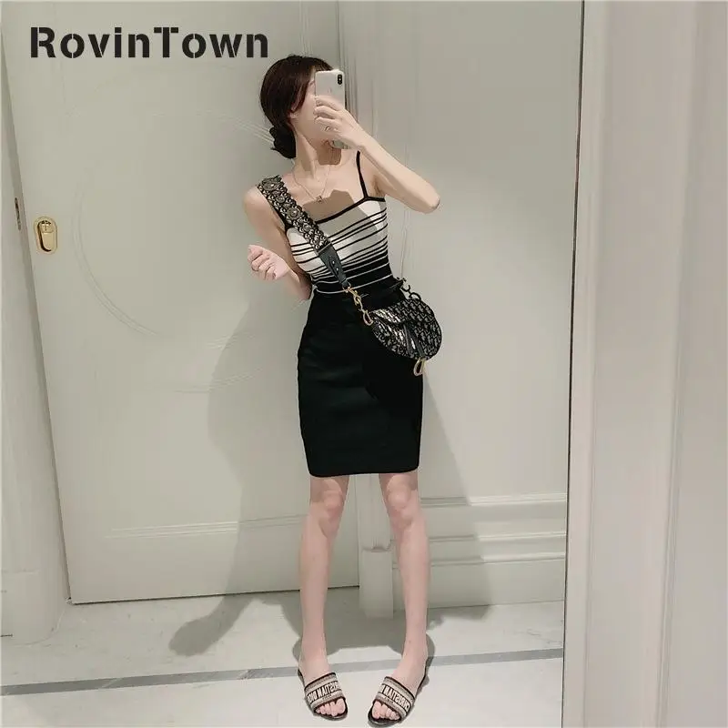 Летнее Полосатое платье черного цвета в Корейском стиле женская одежда с вырезом