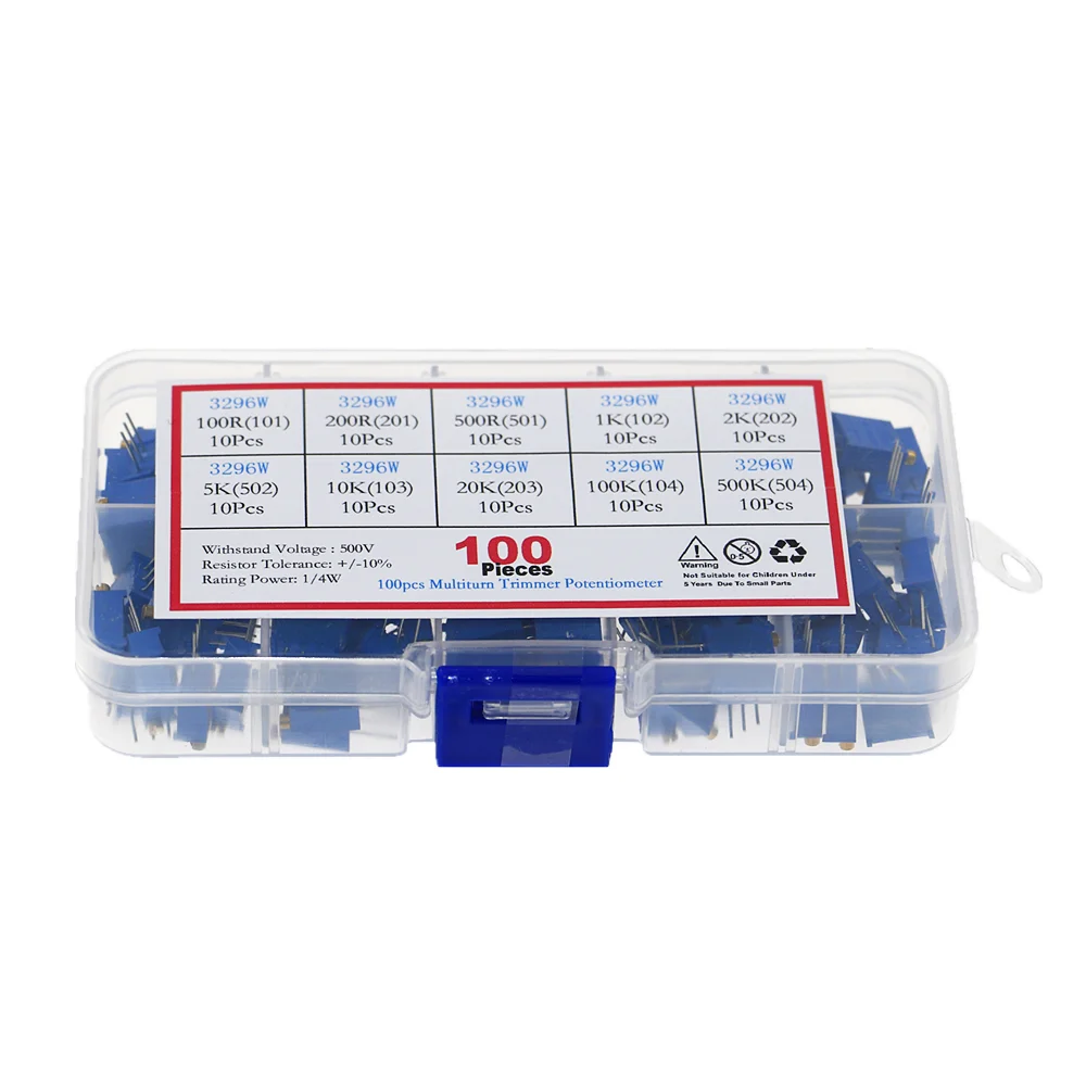 

100Pcs 3296W Multiturn Trimmer Potentiometer Kit High Precision Variable Resistor With Box set