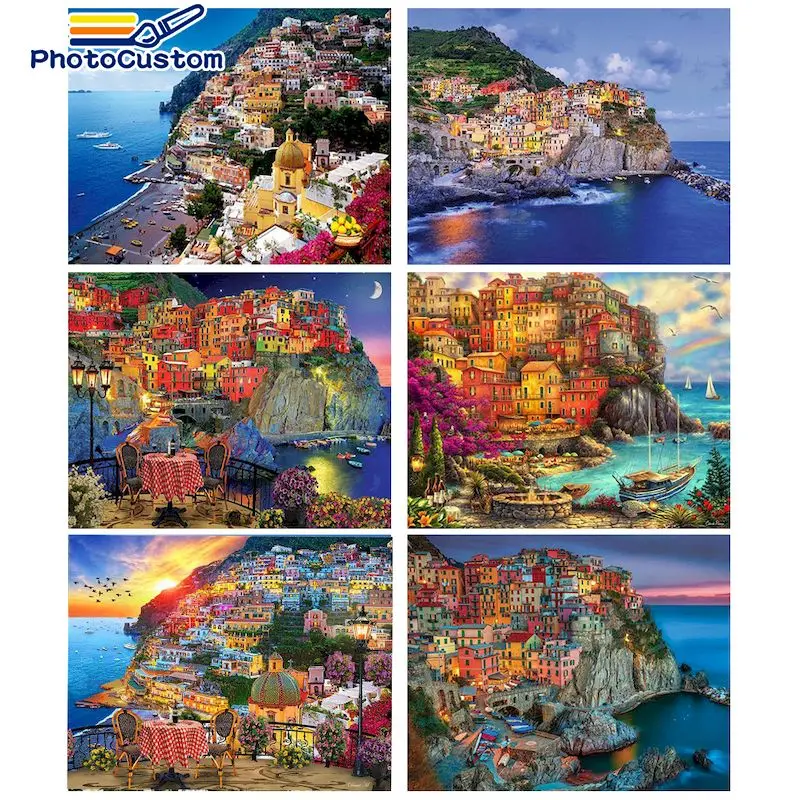 

PhotoCustom Acylic Pictures By Numbers Seaside House Landscape Paint on Canvas Coloring Paint Art Pictures Home Decor gift