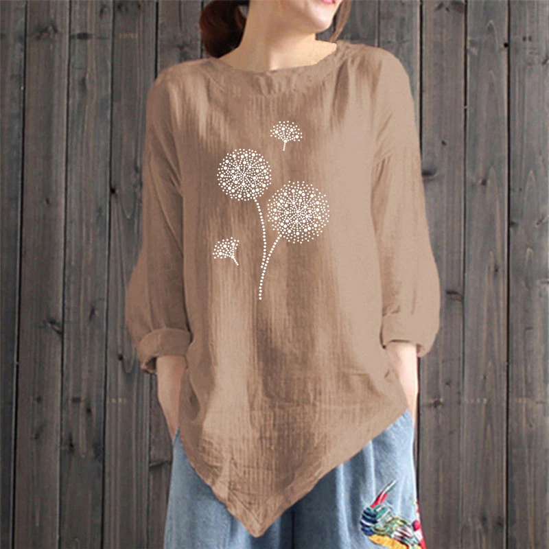 

Dandelion Print Long Sleeve Shirt Women Casual O-Neck Spring Summer Tee Cotton And Linen Black Tops Ladies Loose Blouse