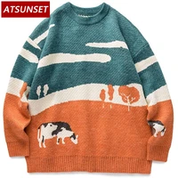 atsunset cow pattern knitting sweater hip hop streetwear vintage style harajuku knitting pullover