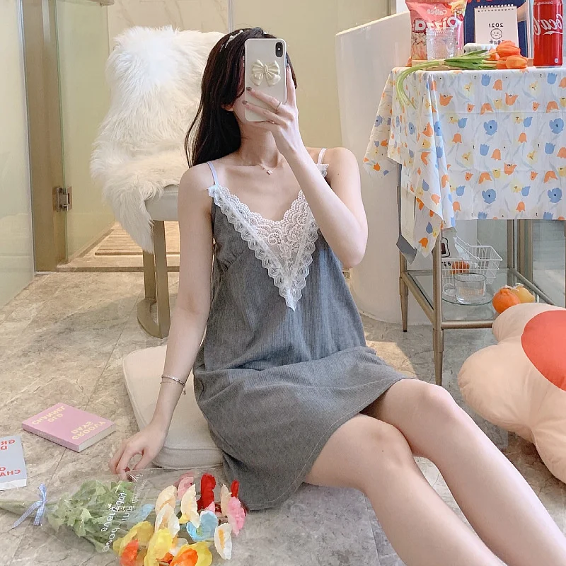 

Femme Nightgowns Sleepshirts V-Neck Lace Homewear Set For Women Sleepwear Summer Sexy Lingerie Bow Nightdress Robe Set
