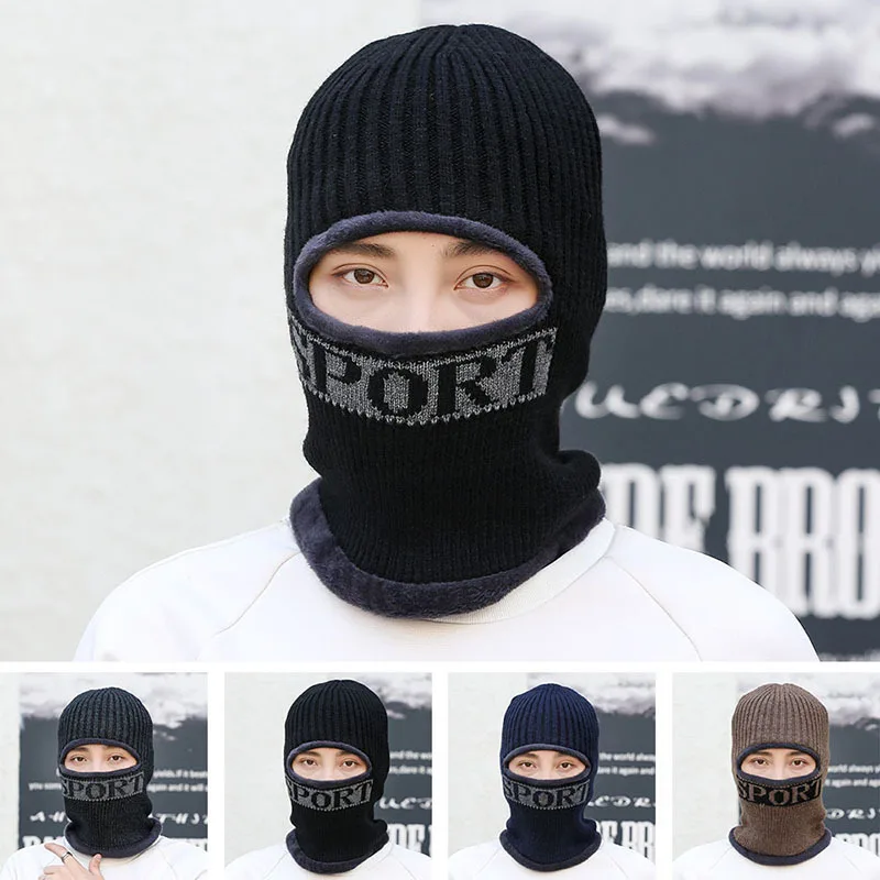

Cycling Caps Winter Outdoor One-piece Knitted Hat Skullies Warm Riding Hat Thickened Face Protection Big Head Hat Ear Flaps