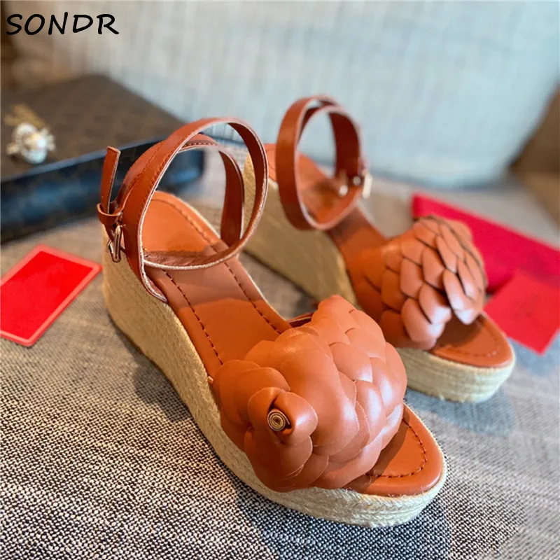 

2021 Fashion Flower Wedge Sandals Women Summer Genuine Leather Platform Gladiator Sandals Design High Heels Party Shoes Woman
