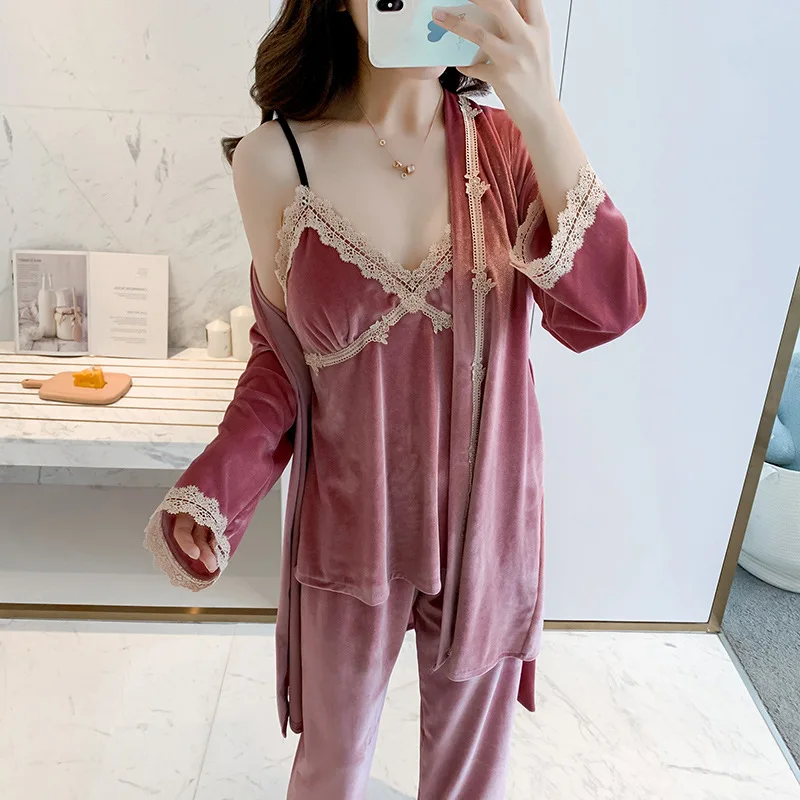 

Wmyqdlq New Gold Velvet Women's Suit Pyjamas Home Sexy Three-Piece Comfortable Long-Sleeved V-Neck Nightgown Ladies Sleepwear