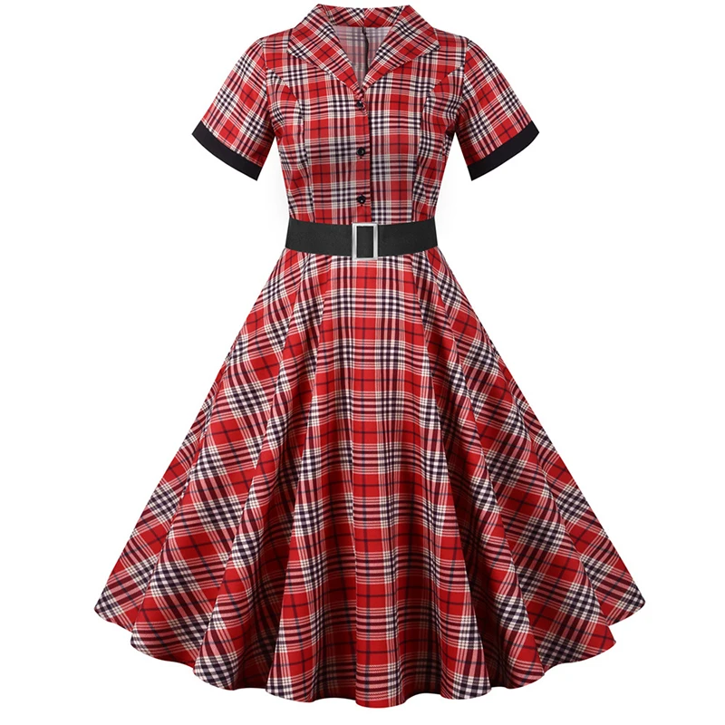 

Tartan clothing Women Summer Short sleeve Plaid Printed Vintage retro 50s 60s rockabilly pin up skater knee length dress ladies